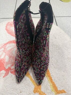 Wild Pair Black Multicolor Gem-Embellished Pointed Ankle Boots